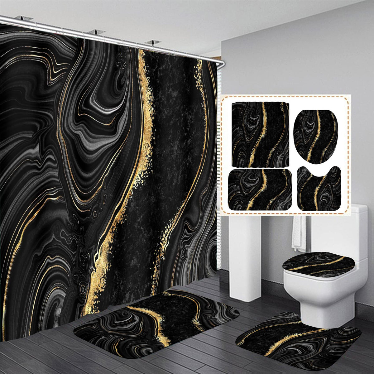 Nkzply 4 Pcs Black Marble Shower Curtain Sets with Rugs Gold Bathroom Set