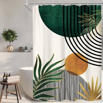 KOMLLEX Mid Century Green Boho Shower Curtain, Abstract Modern Shower Curtains for Bathroom, Plant Botanical Minimalist Leaf Arch Sun Fabric Liner Waterproof Polyester 12 Pack Hooks 60Wx72L Inches