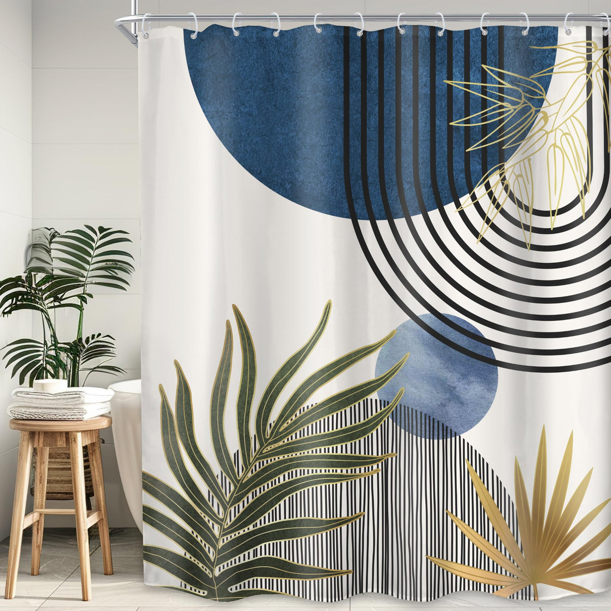 KOMLLEX Mid Century Green Boho Shower Curtain, Abstract Modern Shower Curtains for Bathroom, Plant Botanical Minimalist Leaf Arch Sun Fabric Liner Waterproof Polyester 12 Pack Hooks 60Wx72L Inches