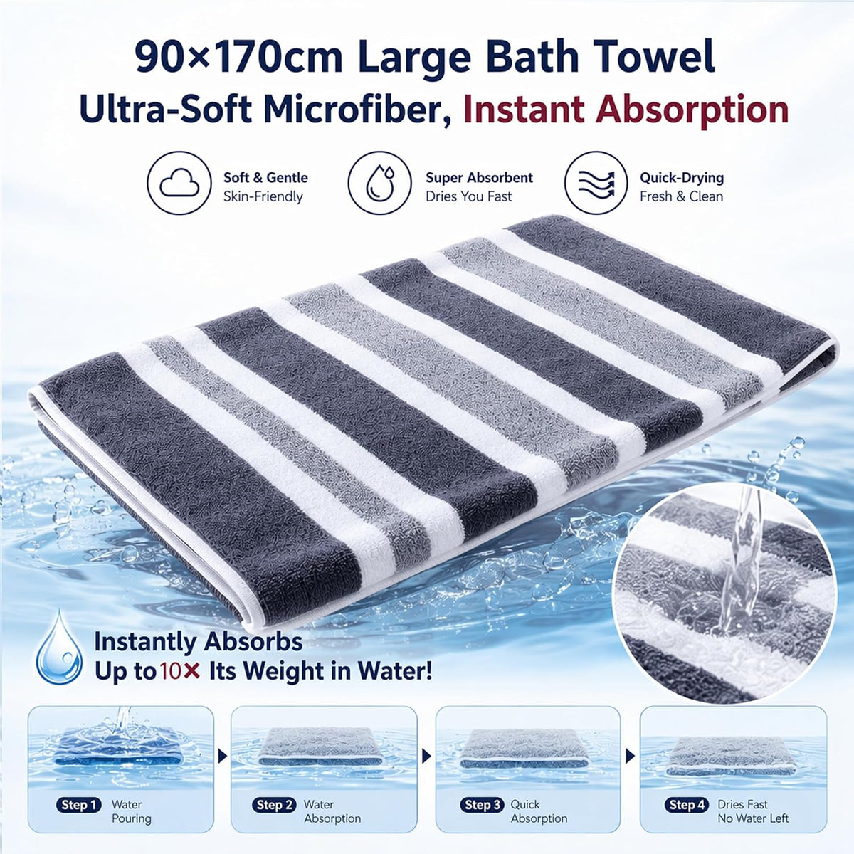4 Pcs Large Microfiber Bath Towel Set, 34.6" x 67"(Gray)