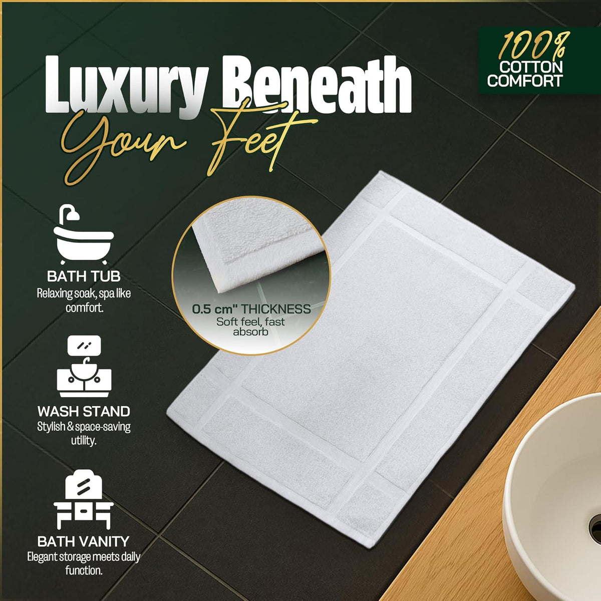 Pearl Linens 6 Pack Cotton Bath Mats for Bathroom, 20" X 30", White