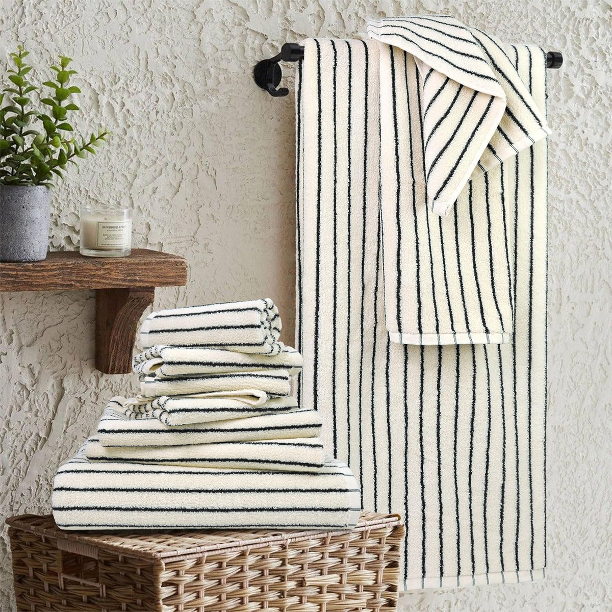 8 Piece Black and Ivory Towel Set, Super Soft & Absorbent Cotton Striped
