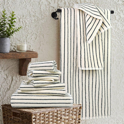 8 Piece Black and Ivory Towel Set, Super Soft & Absorbent Cotton Striped