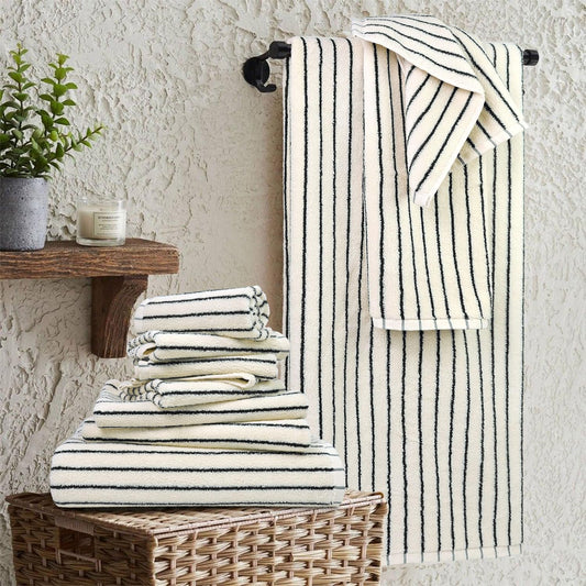 8 Piece Black and Ivory Towel Set, Super Soft & Absorbent Cotton Striped