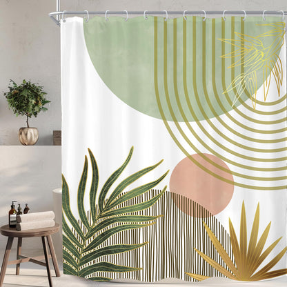 KOMLLEX Mid Century Green Boho Shower Curtain, Abstract Modern Shower Curtains for Bathroom, Plant Botanical Minimalist Leaf Arch Sun Fabric Liner Waterproof Polyester 12 Pack Hooks 60Wx72L Inches