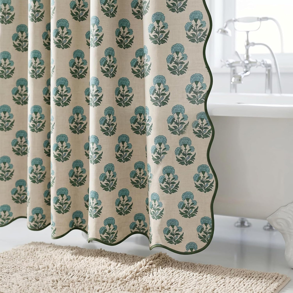 Boomkin Block Print Scalloped Shower Curtain Set with 12 Hooks