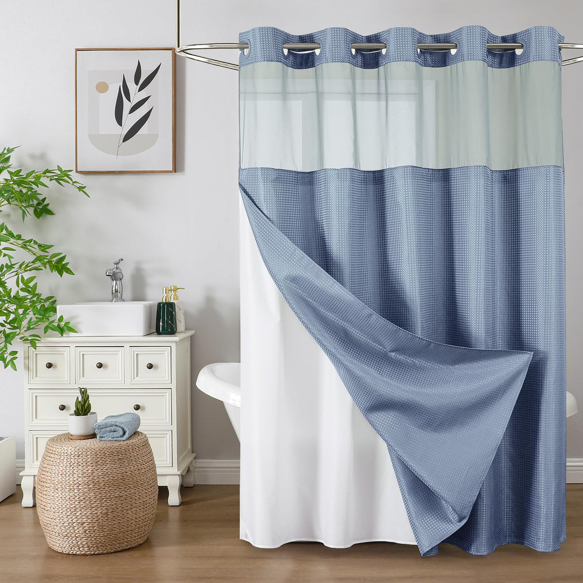 Colorful Star Sage Green No Hook Waffle Shower Curtain Set, 72 x 75 Inch