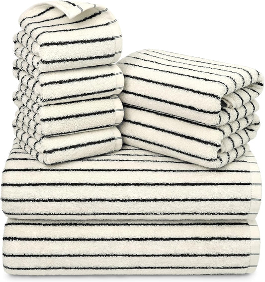 8 Piece Black and Ivory Towel Set, Super Soft & Absorbent Cotton Striped