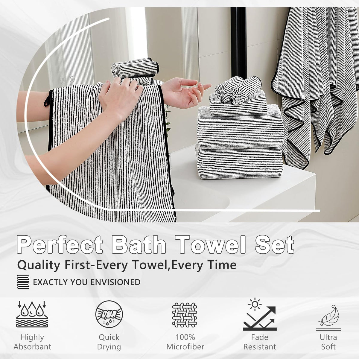 4 Piece Bath Towel Set 35"x70"Oversized Bath Towel for Bathroom Ultra Soft Fluffy Extra Large Bath Sheet Luxury Premium Bathroom Towel Highly Absorbent Quick Dry Shower Towel for Hotel Spa,Black White