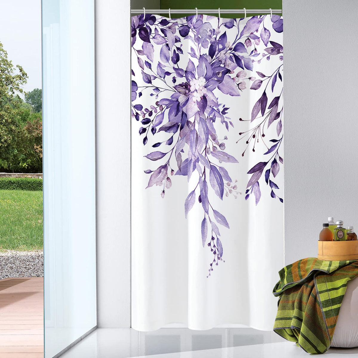 Gibelle Grey Eucalyptus Shower Curtain, Watercolor Floral Print, 72x72