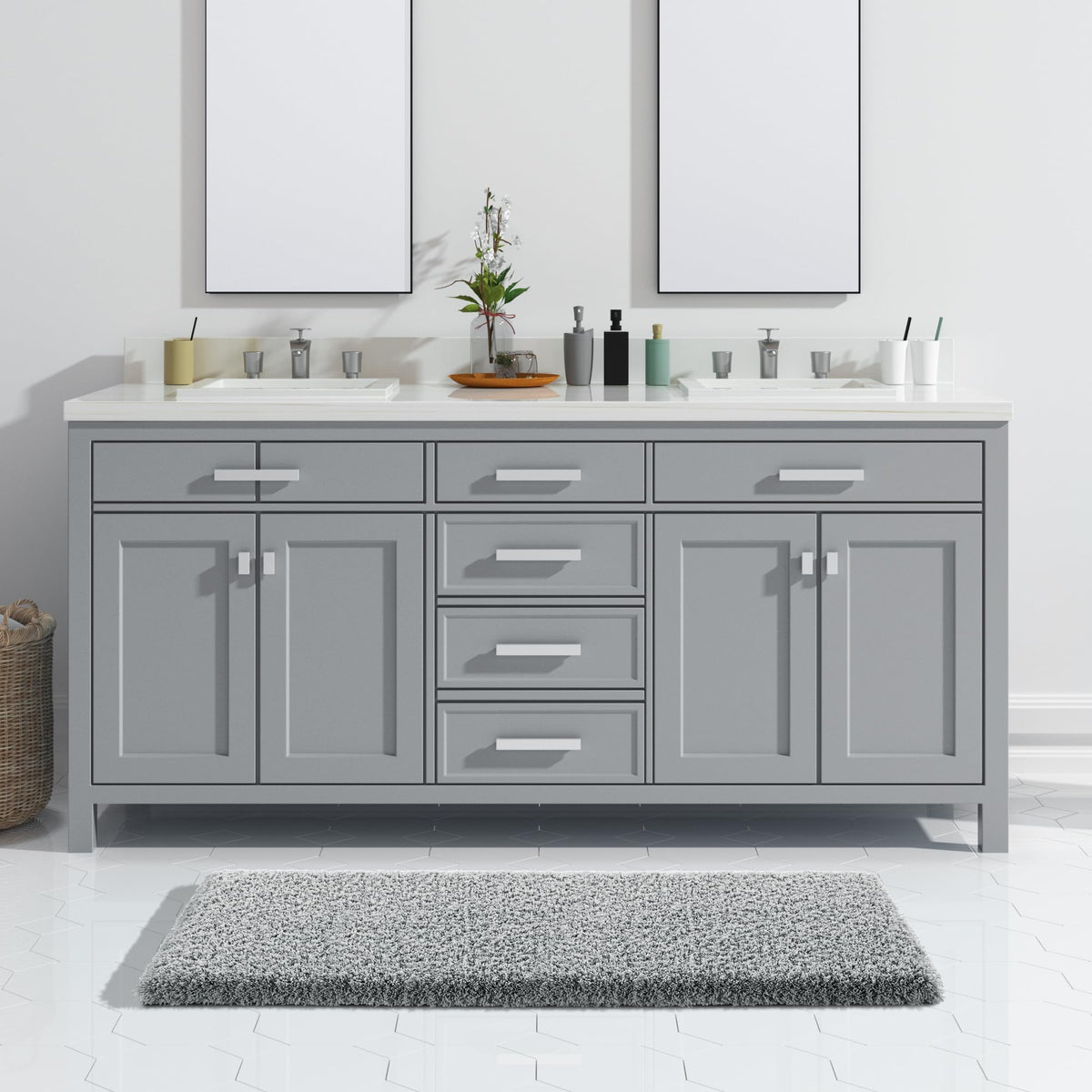 Yimobra Bathroom Rugs Non Slip Washable, Ultra Soft and Water Absorbent Bath Mats, Fluffy Shower Mat Outside, Plush Matts for Bathroom Floor/Sink, 24X17, Home Decor Accessories, Light Gray and White