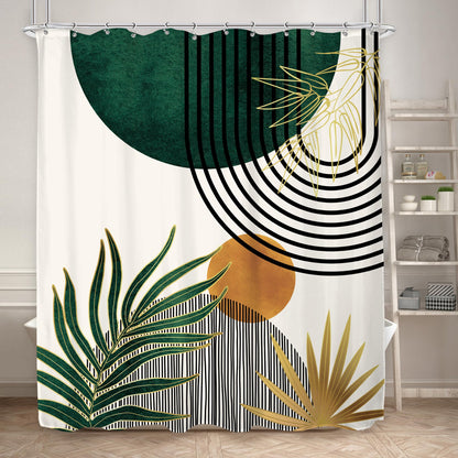 KOMLLEX Mid Century Green Boho Shower Curtain, Abstract Modern Shower Curtains for Bathroom, Plant Botanical Minimalist Leaf Arch Sun Fabric Liner Waterproof Polyester 12 Pack Hooks 60Wx72L Inches