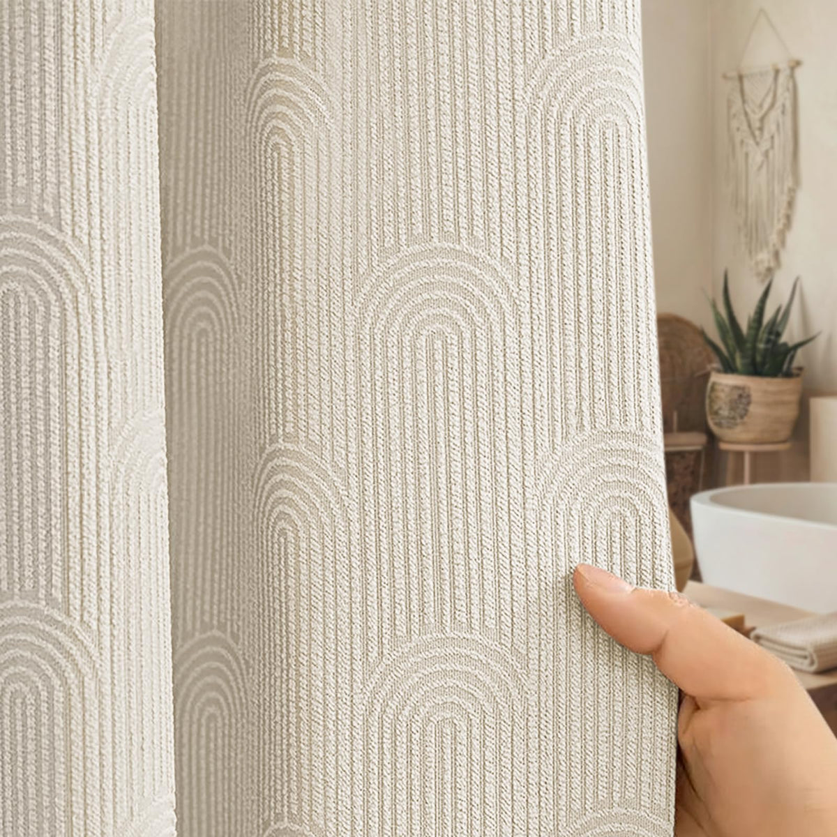 Beige Boho Cotton Shower Curtain Arch,72" W x 72" L