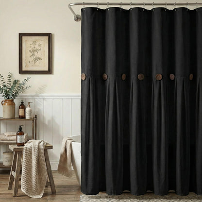 Farmhouse Shower Curtain Linen Beige Button Brown Stripe 72"W x 72"L