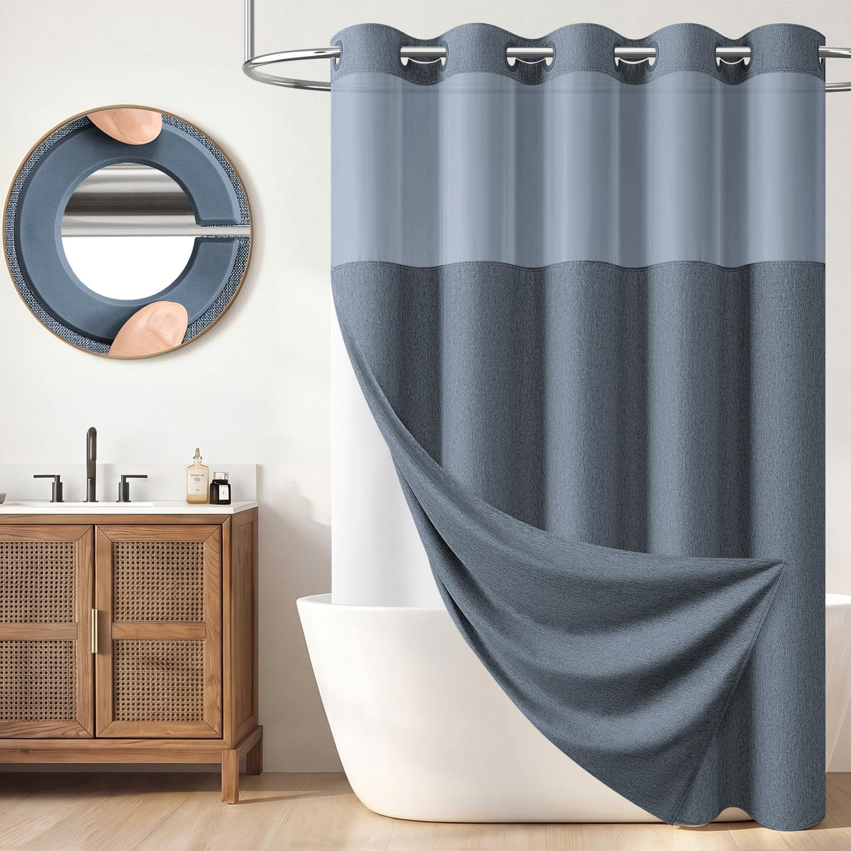 BTTN Cream Ringless Linen Textured Shower Curtain with Snap in Liner, 72x75