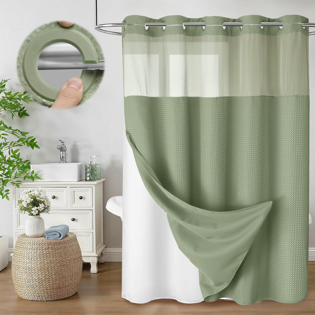No Hook Shower Curtain with Liner Set Hotel Waffle Curtain Black 72W X 75L
