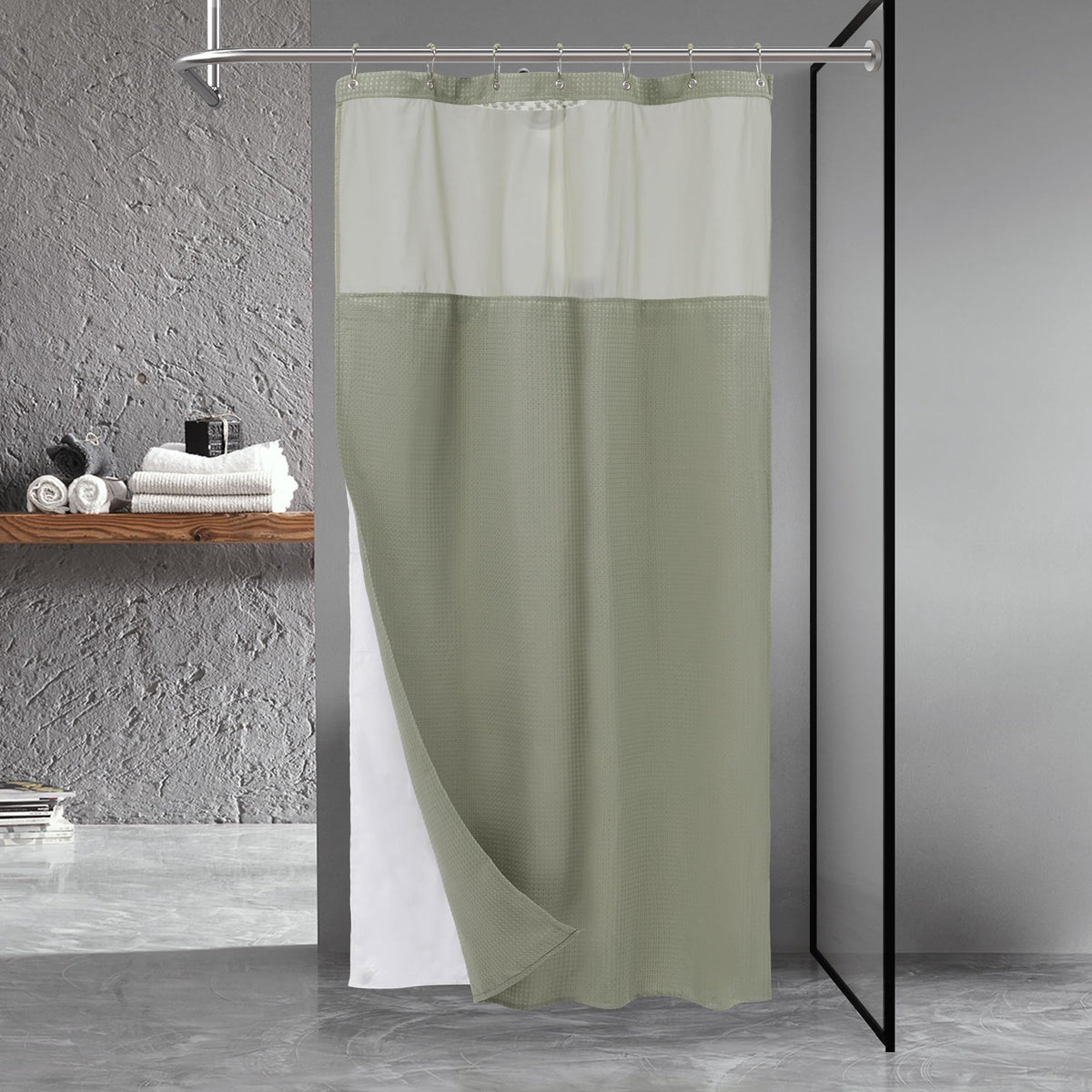 N&Y HOME Waffle Weave Shower Curtain with Snap-in Liner Set White, 71x72
