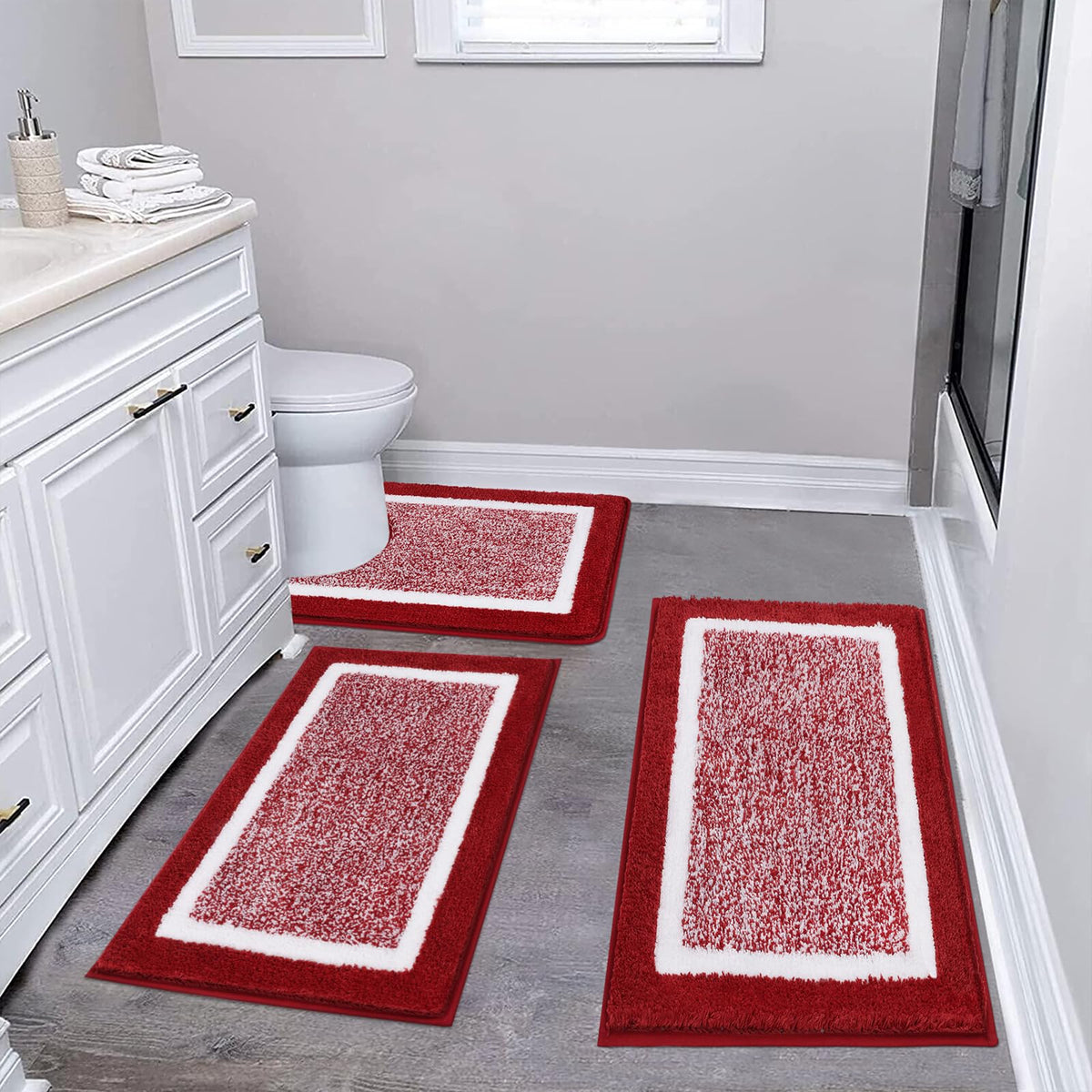 Pauwer Bathroom Rugs 3 Piece Set, Non Slip Washable Bath Mat, Dark Grey