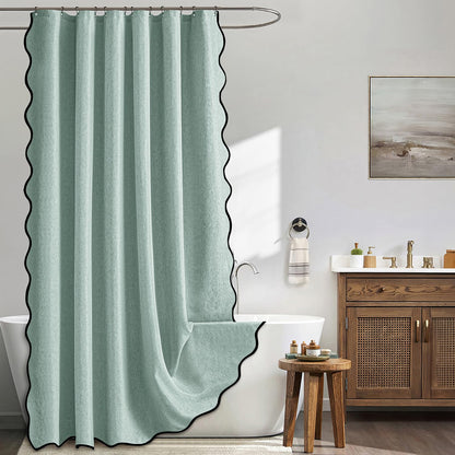 MIULEE Beige Scalloped Shower Curtain Linen Textured with 12 Metal Hooks Cute Heavy Duty Washable Waterproof Neutral Thick Cloth Shower Curtains with Black Border for Bathroom Bathtub,W72*L72 Cream