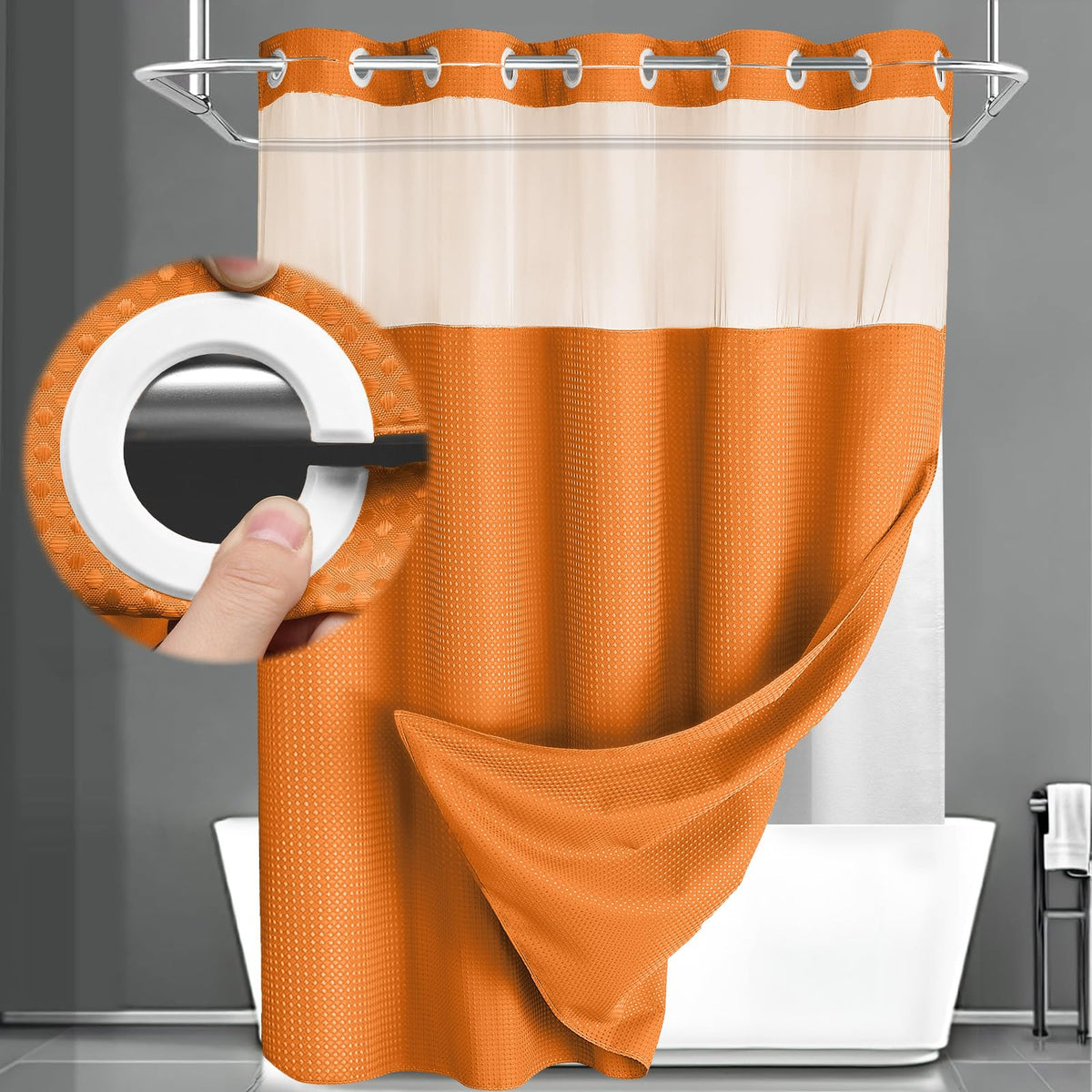 No Hook Shower Curtain with Liner Set Hotel Waffle Curtain Black 72W X 75L
