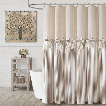 Farmhouse Shower Curtain Linen Beige Button Brown Stripe 72"W x 72"L