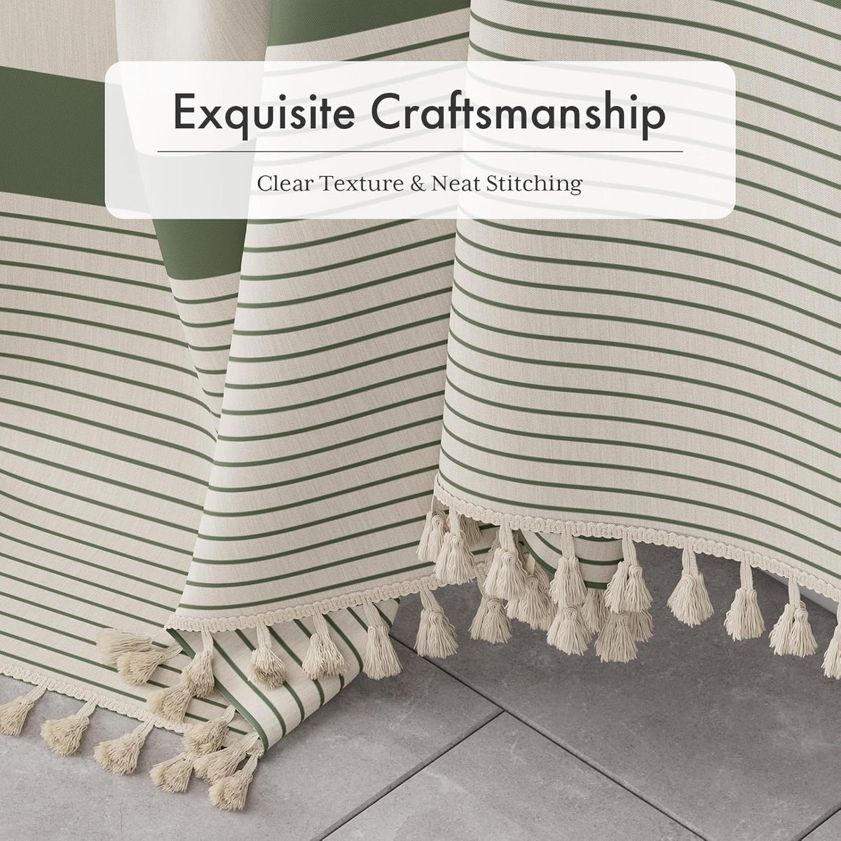 AmazerBath Boho Shower Curtain, Modern Farmhouse Shower Curtain Set with Tassels, Rustic Faux Linen Green Striped Shower Curtain with Hooks, Light Tan Toned, 72x72 Inches