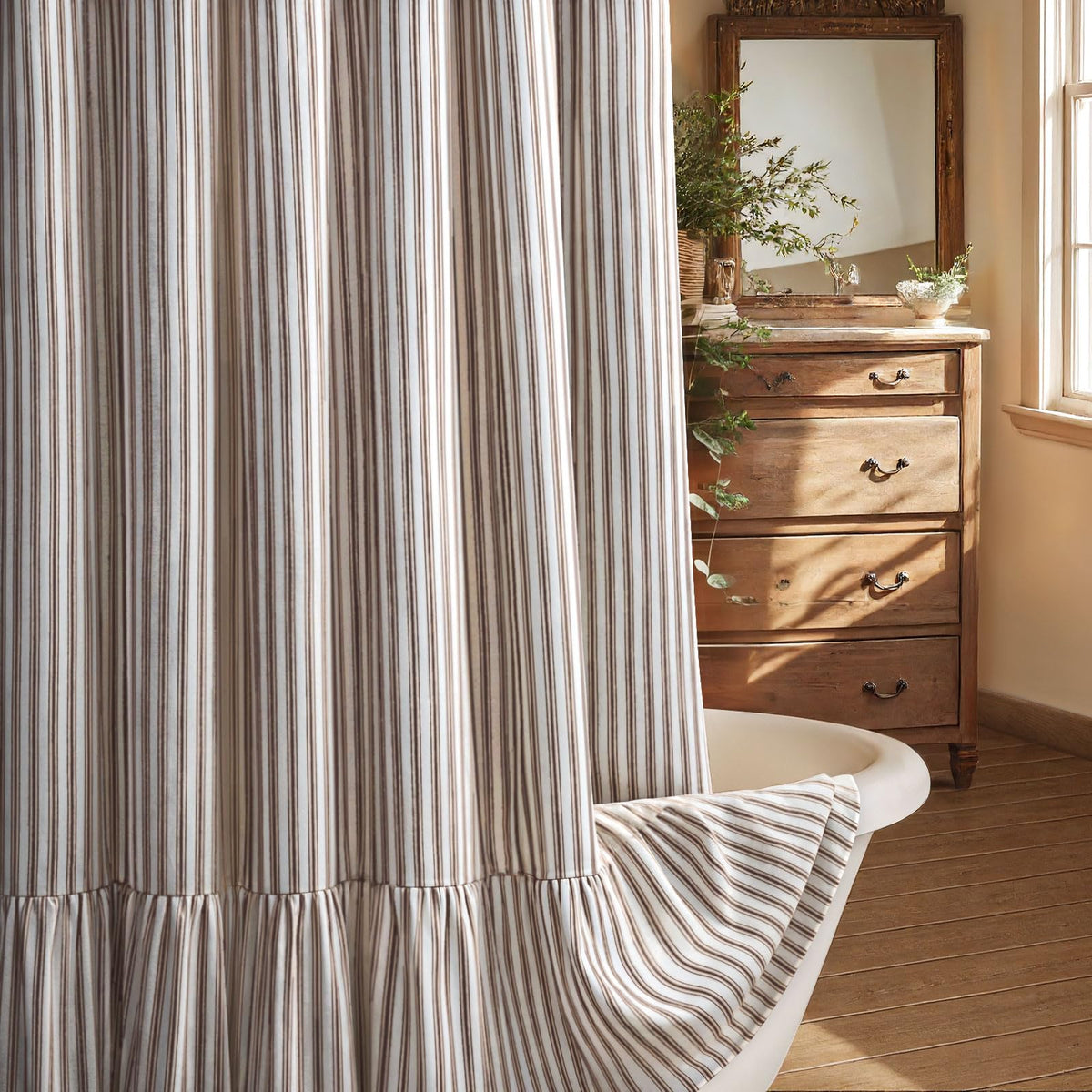 Farmhouse Shower Curtain Ruffle Linen Cream-Green Stripe 72"W x 72"L