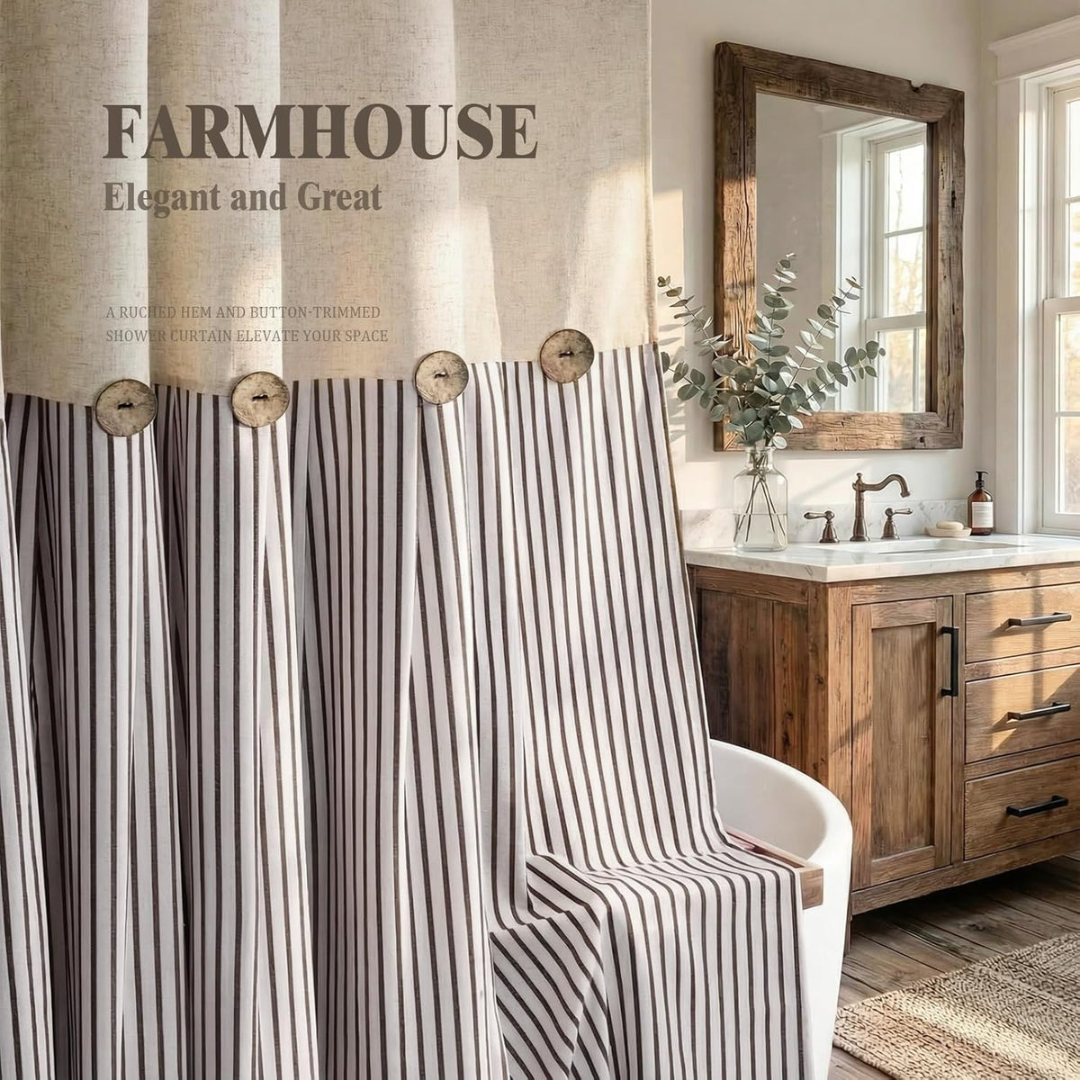 Farmhouse Shower Curtain Linen Beige Button Brown Stripe 72"W x 72"L
