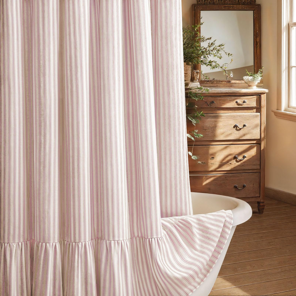 Farmhouse Shower Curtain Ruffle Linen Cream-Green Stripe 72"W x 72"L