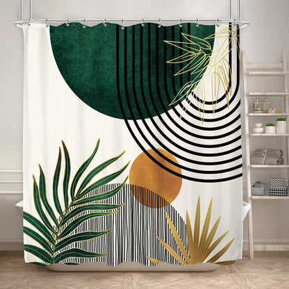 KOMLLEX Mid Century Green Boho Shower Curtain, Abstract Modern Shower Curtains for Bathroom, Plant Botanical Minimalist Leaf Arch Sun Fabric Liner Waterproof Polyester 12 Pack Hooks 60Wx72L Inches