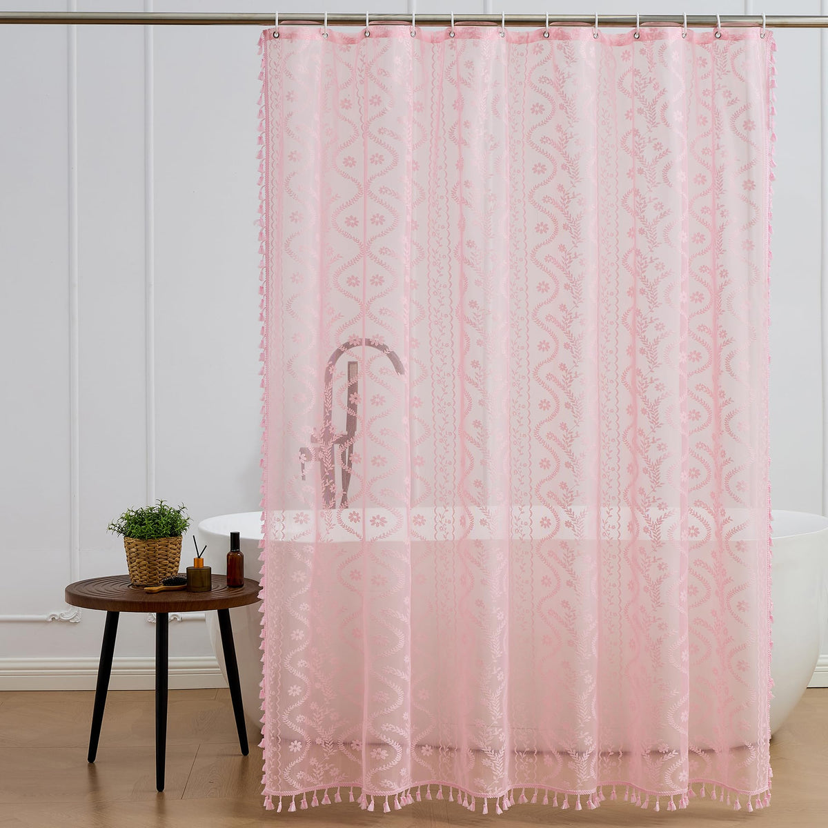 WAZZIO Dark Sage Green Lace Shower Curtain for Bathroom 72" W x 72" L, Victorian Farmhouse Floral Pattern Tassel Fancy Shower Curtain Boho Washable Cloth Decorative Bath Curtains,1 Panel