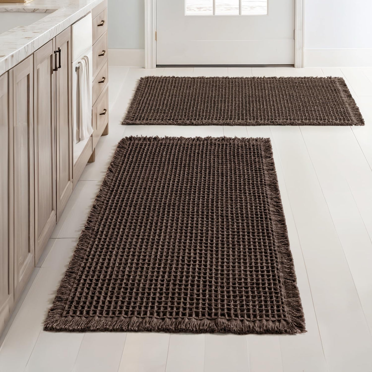 MIULEE Set of 2 Waffle Bathroom Rugs Boho Bath Mat Brown 18x30 Inch