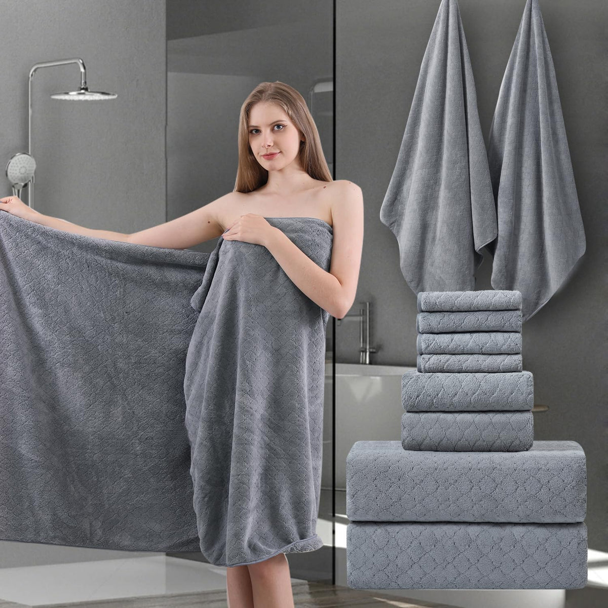 Ycosy 8-Piece Bath Towels Set,2 Oversized Bath Sheet,2 Hand Towels and 4 Washcloths - 600 GSM Soft Microfiber Highly Absorbent Quick Dry Shower Towel Collection for Bathroom Hotel and Spa,Mint Green