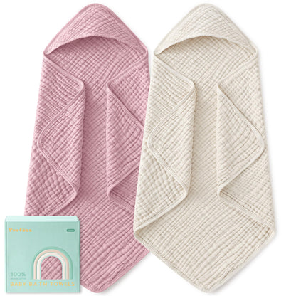 Yoofoss Hooded Baby Bath Towels 2 Pack 100% Muslin Organic Cotton with Hood