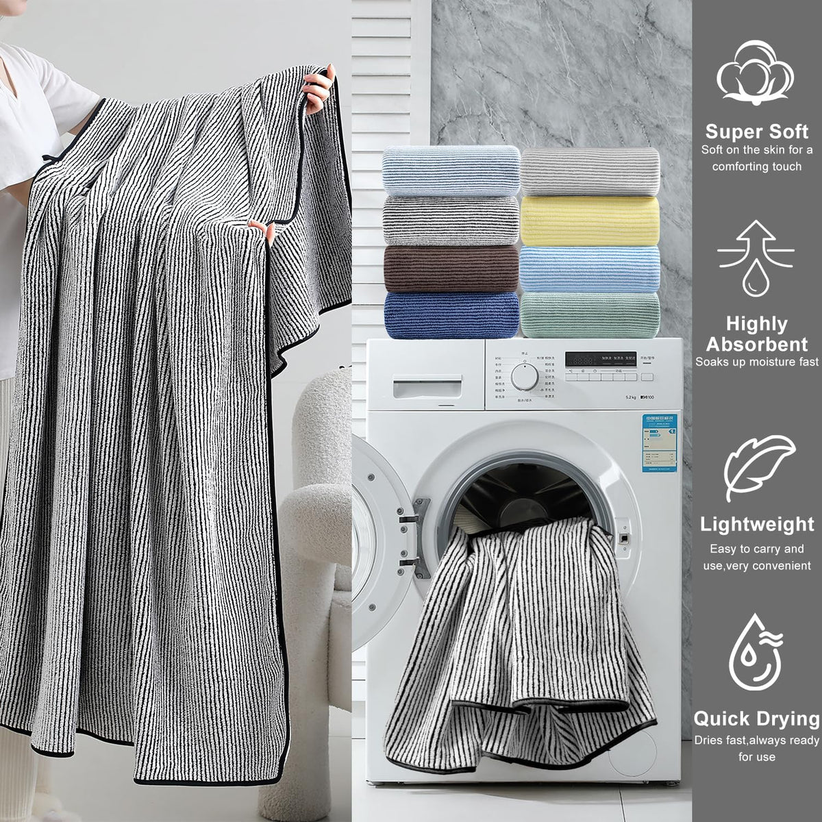 4 Piece Bath Towel Set 35"x70"Oversized Bath Towel for Bathroom Ultra Soft Fluffy Extra Large Bath Sheet Luxury Premium Bathroom Towel Highly Absorbent Quick Dry Shower Towel for Hotel Spa,Black White