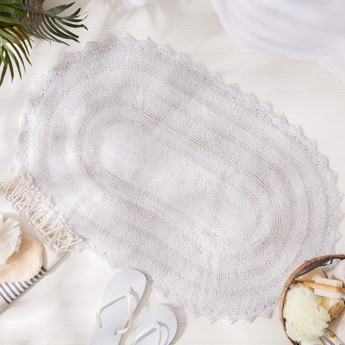 DII Crochet Collection Reversible Bath Mat, Small Oval, 17x24, White