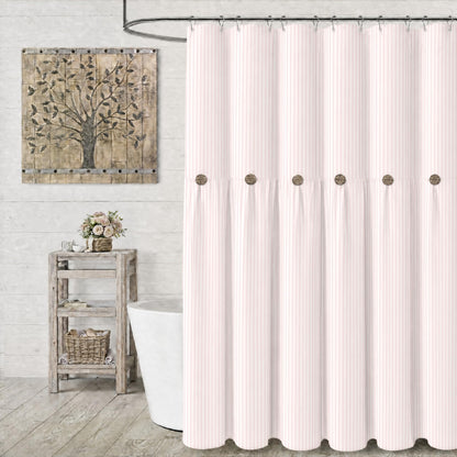 Farmhouse Shower Curtain Linen Beige Button Brown Stripe 72"W x 72"L