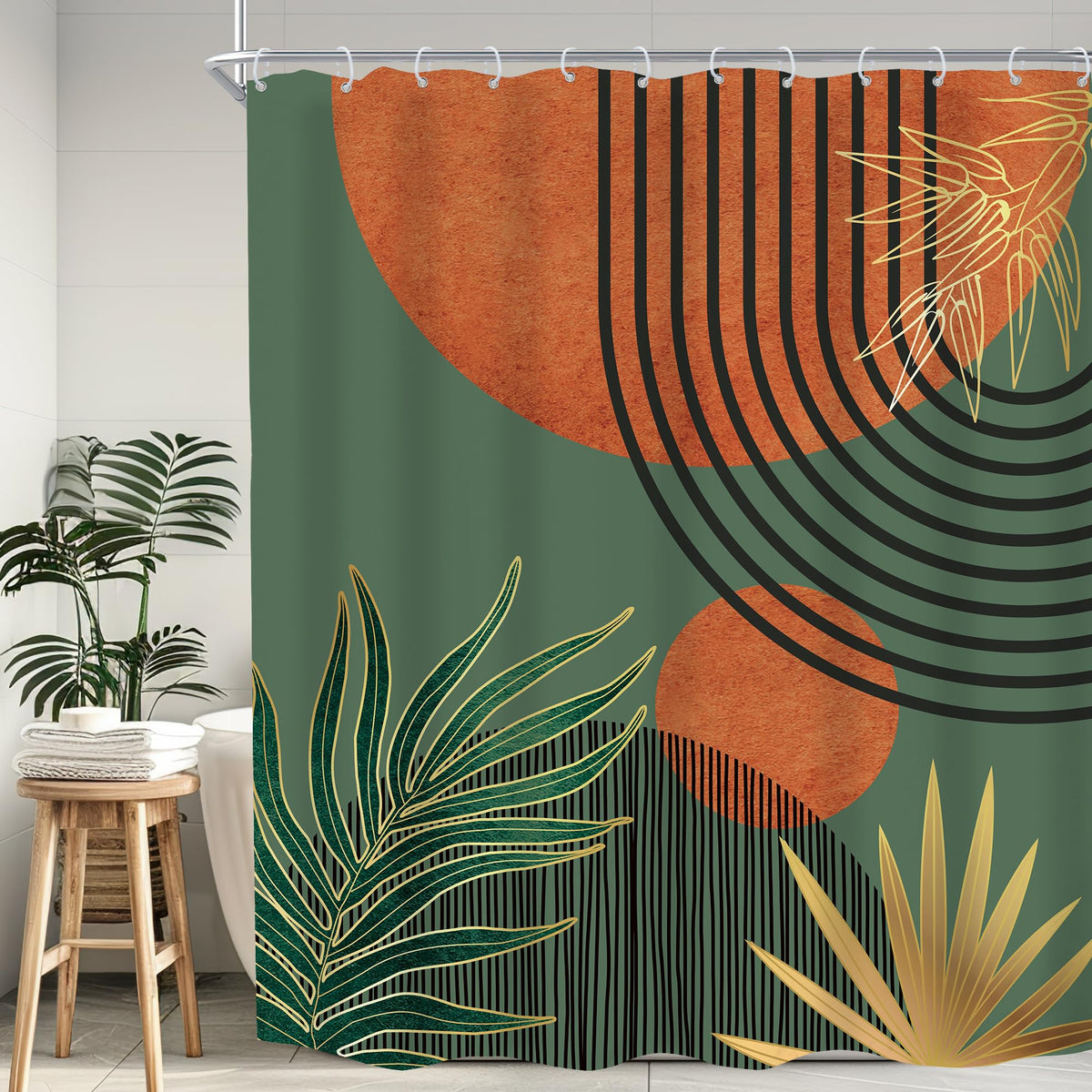 KOMLLEX Mid Century Green Boho Shower Curtain, Abstract Modern Shower Curtains for Bathroom, Plant Botanical Minimalist Leaf Arch Sun Fabric Liner Waterproof Polyester 12 Pack Hooks 60Wx72L Inches
