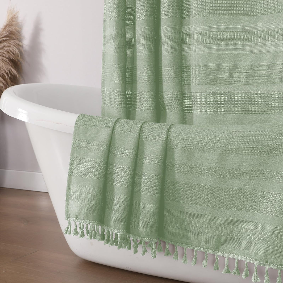 OVZME Natural Linen Shower Curtain for Bathroom, Boho Farmhouse Rustic Striped Shower Curtain with Tassel, Textured Heavy Duty Vintage Country Bathroom Curtain, 72Wx72L Inches