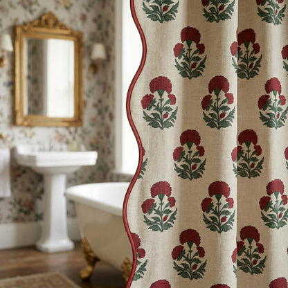 Boomkin Block Print Scalloped Shower Curtain Set with 12 Hooks