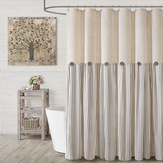 Farmhouse Shower Curtain Linen Beige Button Brown Stripe 72"W x 72"L