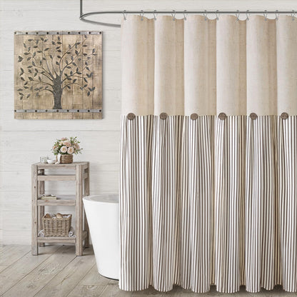 Farmhouse Shower Curtain Linen Beige Button Brown Stripe 72"W x 72"L