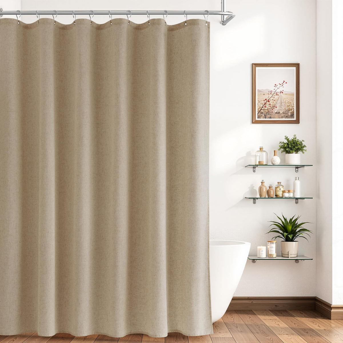Naturoom Linen Shower Curtain 72 Inch Long for Bathroom Beige 1 Panel