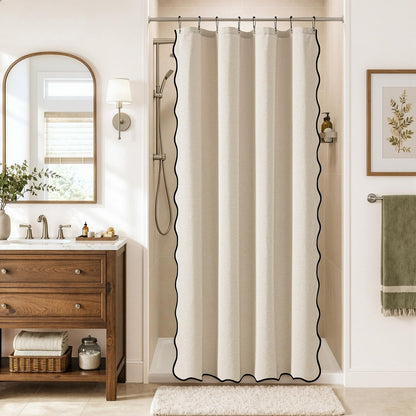 MIULEE Beige Scalloped Shower Curtain Linen Textured with 12 Metal Hooks Cute Heavy Duty Washable Waterproof Neutral Thick Cloth Shower Curtains with Black Border for Bathroom Bathtub,W72*L72 Cream