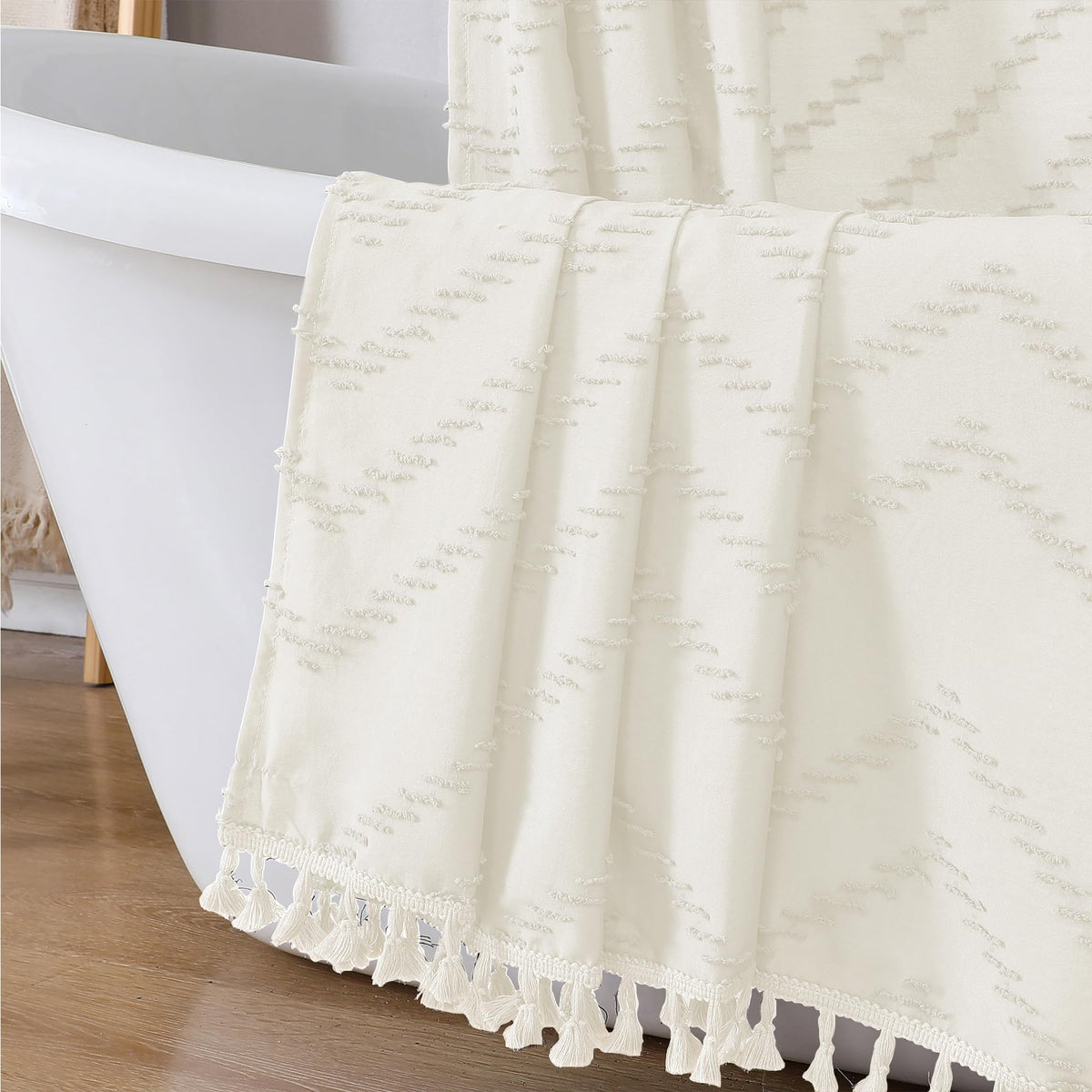 OWENIE Boho Shower Curtain, White Fabric Cloth Shower Curtains Farmhouse Tufted Chevron Striped Textured with Tassel for Bathroom, Soft Hotel Style Modern Minimalist, Machine Washable, 72x72, White
