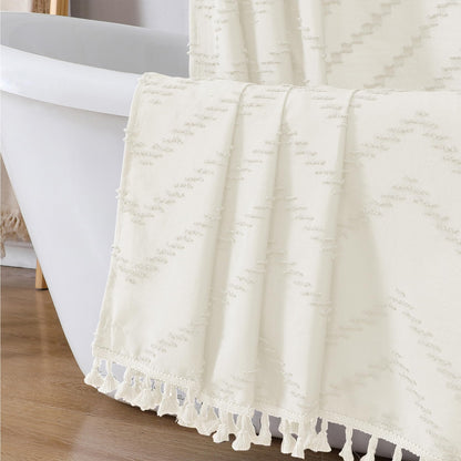 OWENIE Boho Shower Curtain, White Fabric Cloth Shower Curtains Farmhouse Tufted Chevron Striped Textured with Tassel for Bathroom, Soft Hotel Style Modern Minimalist, Machine Washable, 72x72, White