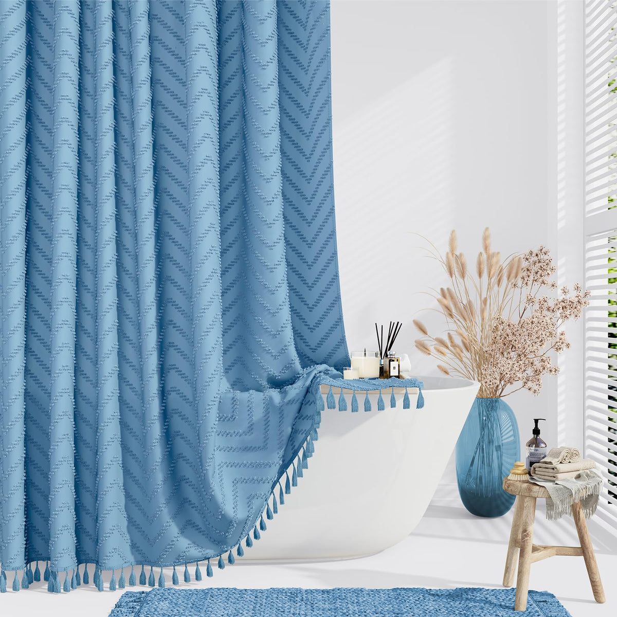 Dynamene Boho Farmhouse Fabric Shower Curtain Tufted Chevron 72"x72" Black