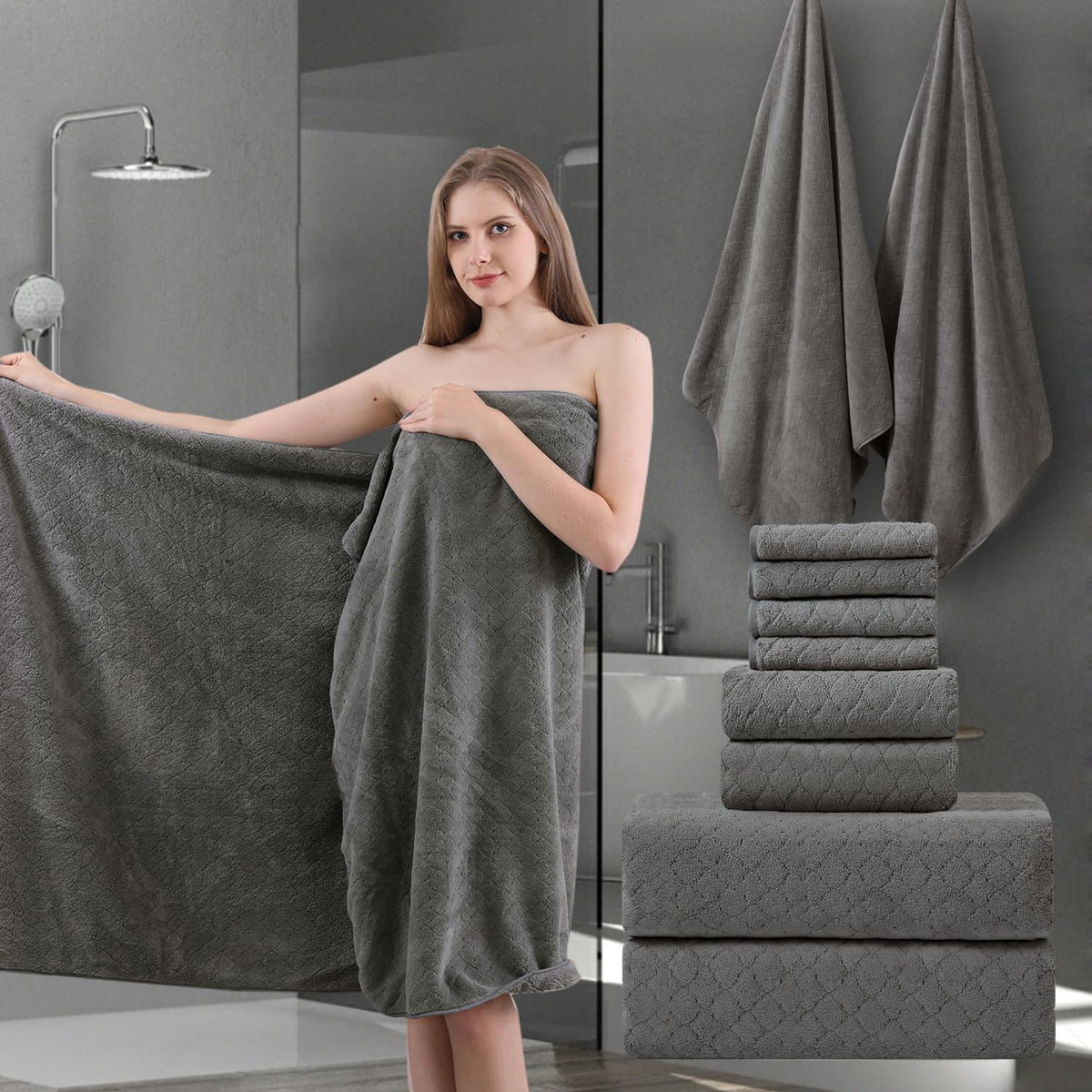 Ycosy 8-Piece Bath Towels Set,2 Oversized Bath Sheet,2 Hand Towels and 4 Washcloths - 600 GSM Soft Microfiber Highly Absorbent Quick Dry Shower Towel Collection for Bathroom Hotel and Spa,Mint Green