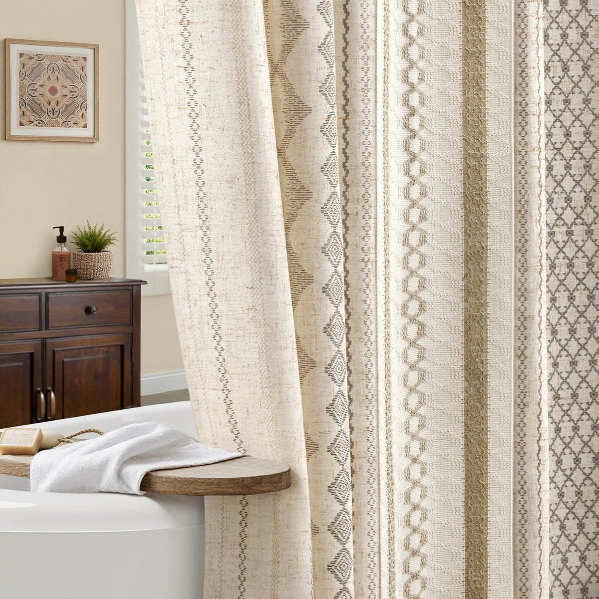 Natural Linen Boho Shower Curtain,72" W x 72" L