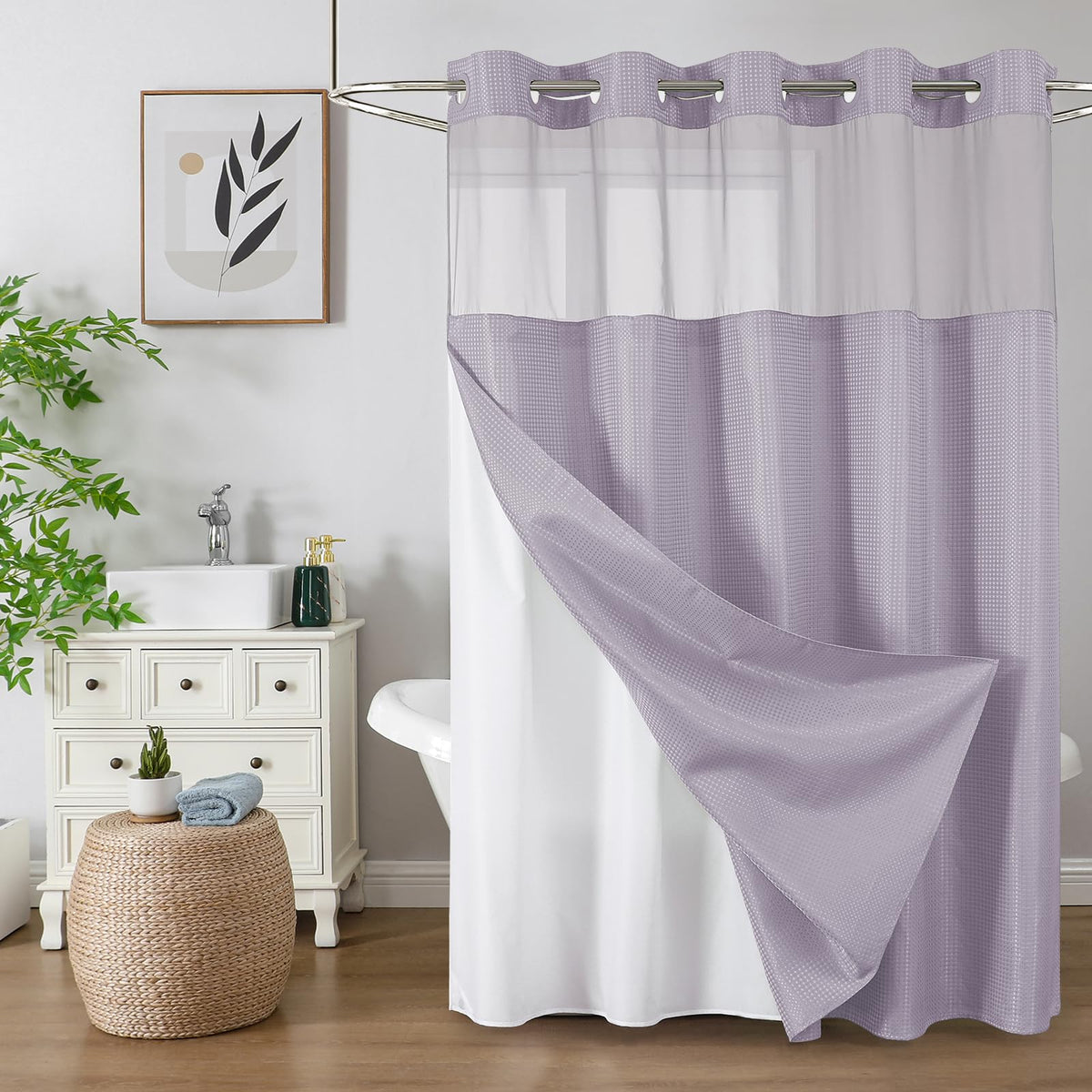 Colorful Star Sage Green No Hook Waffle Shower Curtain Set, 72 x 75 Inch